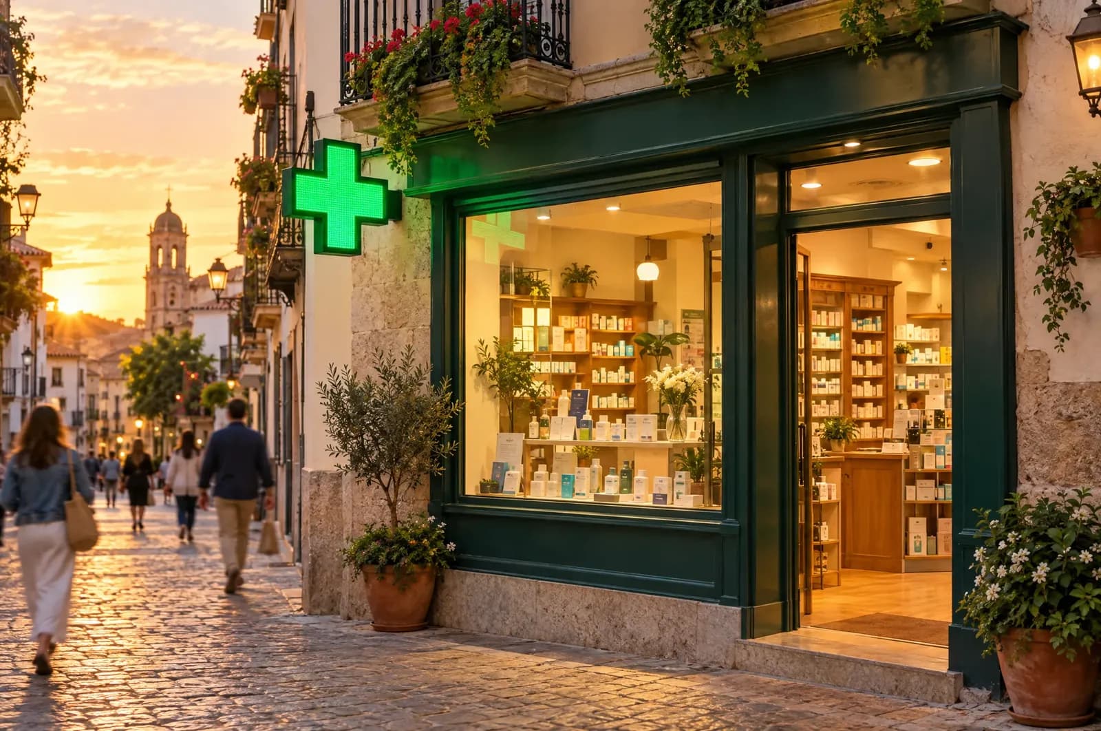 Fachada de una farmacia de barrio con la cruz verde encendida al atardecer