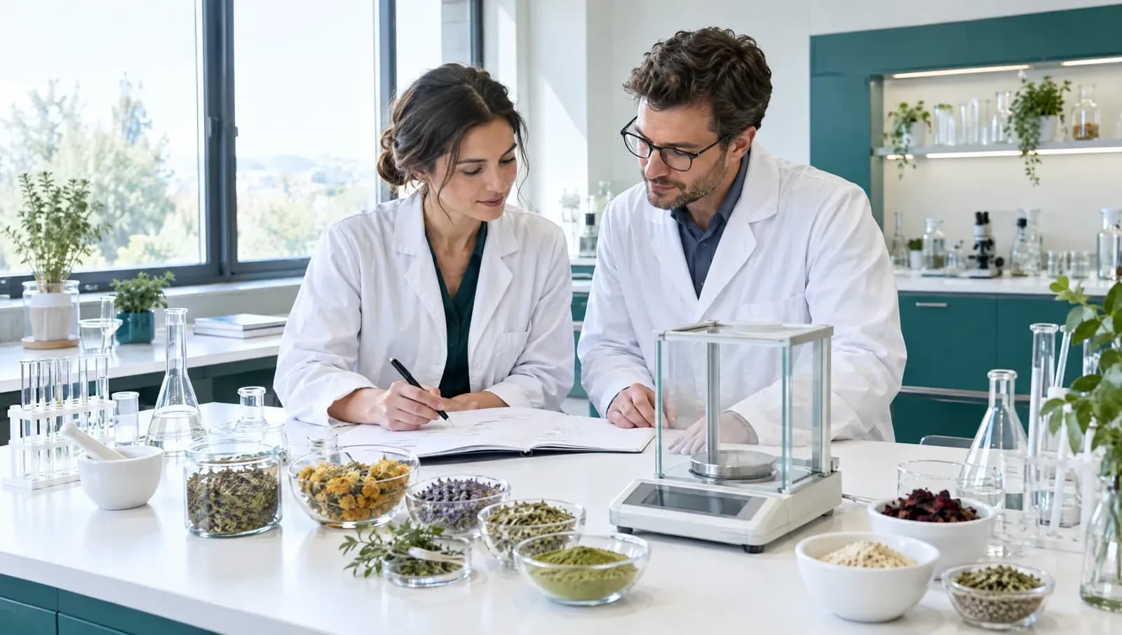 Dos farmacéuticos revisando notas en un laboratorio luminoso