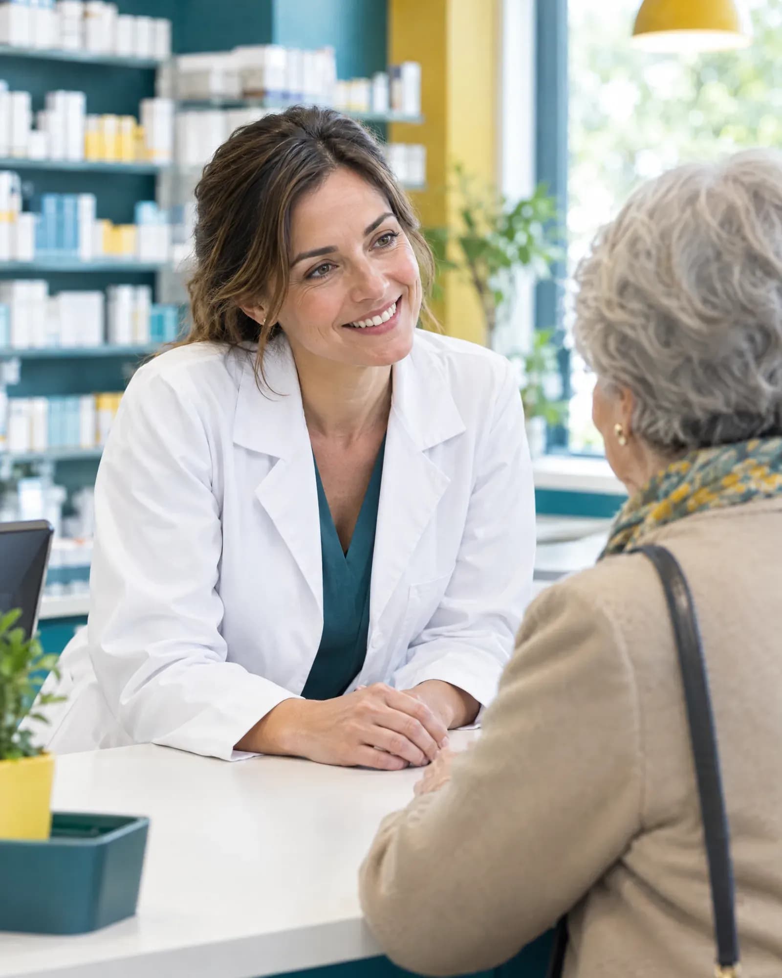 Farmacéutica sonriente atendiendo a una clienta en el mostrador
